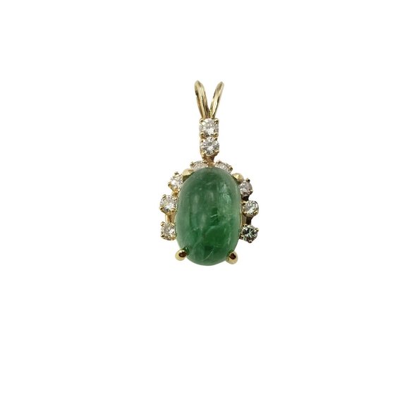 Vintage 10 Karat Yellow Gold Jade and Diamond Pendant GAI Certified #11657 - Picture 1 of 8